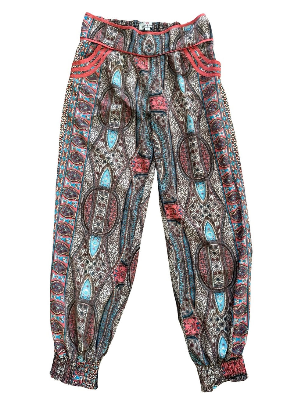Floating Lotus Boho Harem Pants Women’s Small Paisley Patchwork Smocked Festival